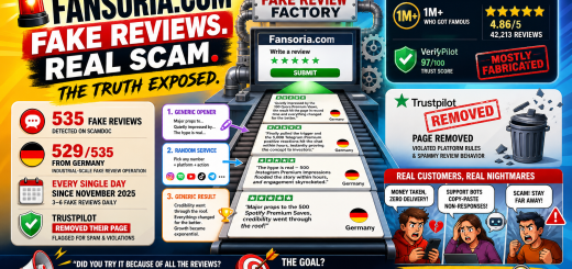 Fansoria.com fake review operation exposed - AI-generated reviews flooding ScamDoc