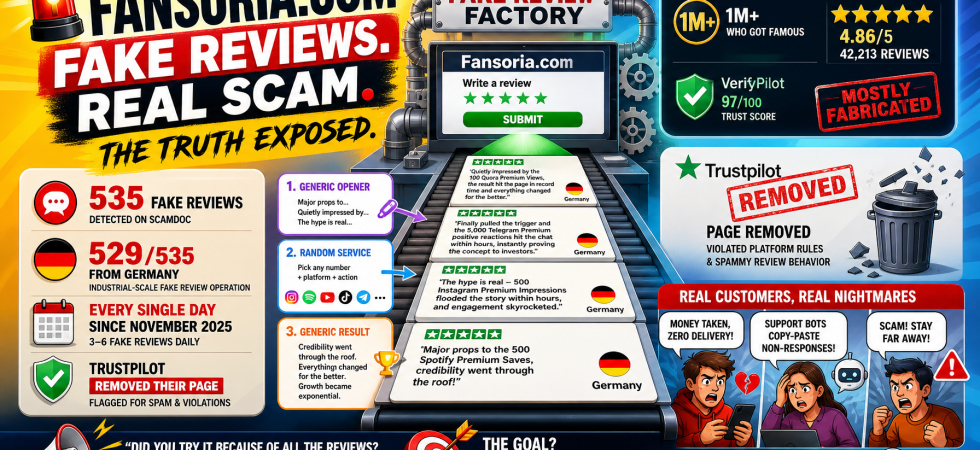 Fansoria.com fake review operation exposed - AI-generated reviews flooding ScamDoc