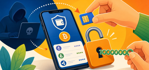 SIM swap attack: a SIM card held over a smartphone with crypto wallets and an open padlock, illustrating phone number theft