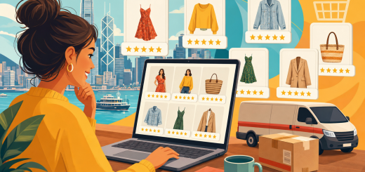 Illustration: an online clothing store with the same review badges repeated on every product, and a delivery van