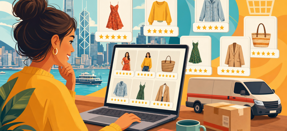 Illustration: an online clothing store with the same review badges repeated on every product, and a delivery van