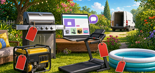 Illustration of an online bargain shop with discount tags on a Weber-style barbecue, treadmill and swimming pool, empty delivery van in the background