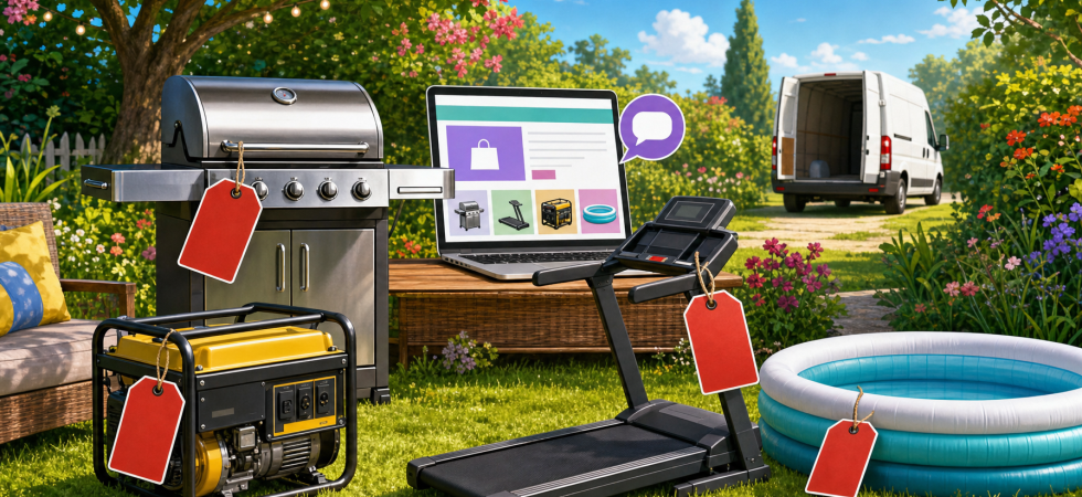 Illustration of an online bargain shop with discount tags on a Weber-style barbecue, treadmill and swimming pool, empty delivery van in the background