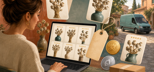 Illustration: an online store selling dried poppy pods, with a crypto coin, a blank price tag and a parcel marked with a warning badge