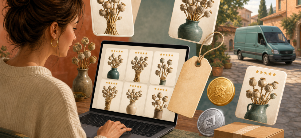 Illustration: an online store selling dried poppy pods, with a crypto coin, a blank price tag and a parcel marked with a warning badge