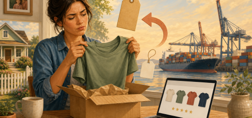 Illustration : une cliente ouvre un colis et découvre un t-shirt, entre une petite maison de banlieue et un port à conteneurs