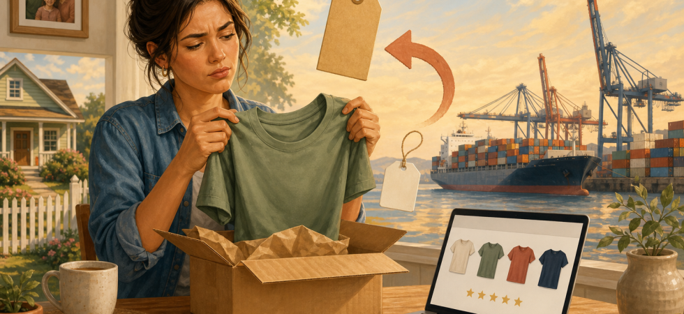 Illustration : une cliente ouvre un colis et découvre un t-shirt, entre une petite maison de banlieue et un port à conteneurs