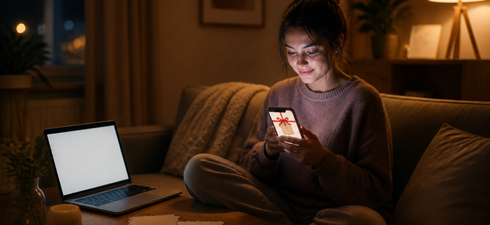 Illustration: a young woman on a couch at night looking at a voucher on her phone, Eglamio coupon article