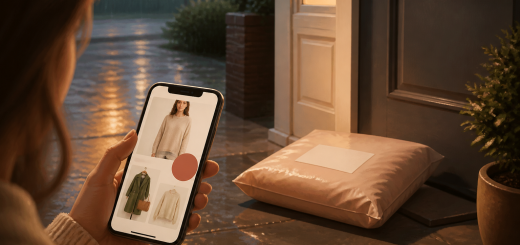 Elverinosa reviews: a clothing parcel left at a doorway, with a discount badge on a phone screen