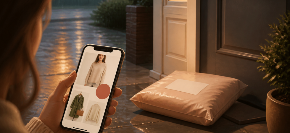 Elverinosa reviews: a clothing parcel left at a doorway, with a discount badge on a phone screen