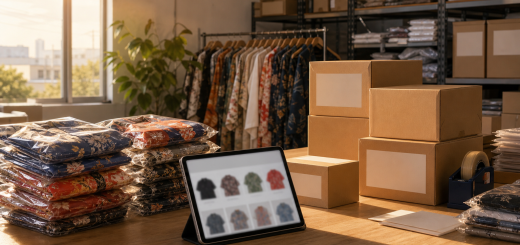 Packing bench with folded printed shirts and plain shipping boxes in a garment warehouse
