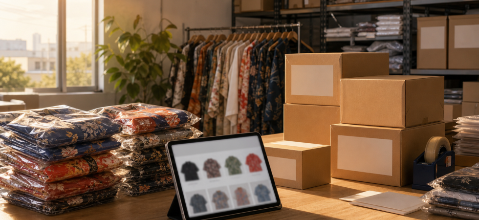 Packing bench with folded printed shirts and plain shipping boxes in a garment warehouse
