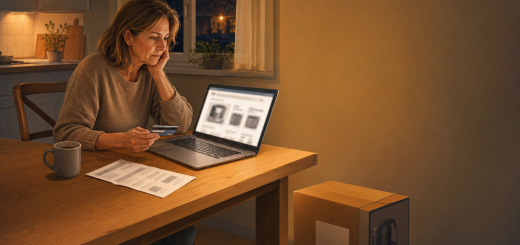 Illustration: a shopper at a kitchen table at night, card in hand, checking an online order next to an unopened parcel
