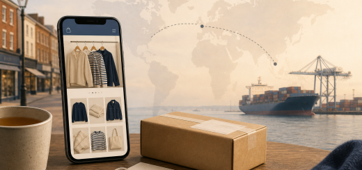 A phone showing an online clothing shopfront beside a parcel, with a UK street and a container ship behind