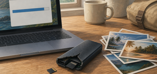 A cracked-open pocket SSD showing a micro SD card inside, next to a laptop and printed holiday photos